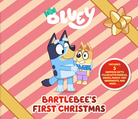 Bluey: Bartlebees First Christmas book with Bluey holding Bartlebee on a pink striped cover with a gold bow.