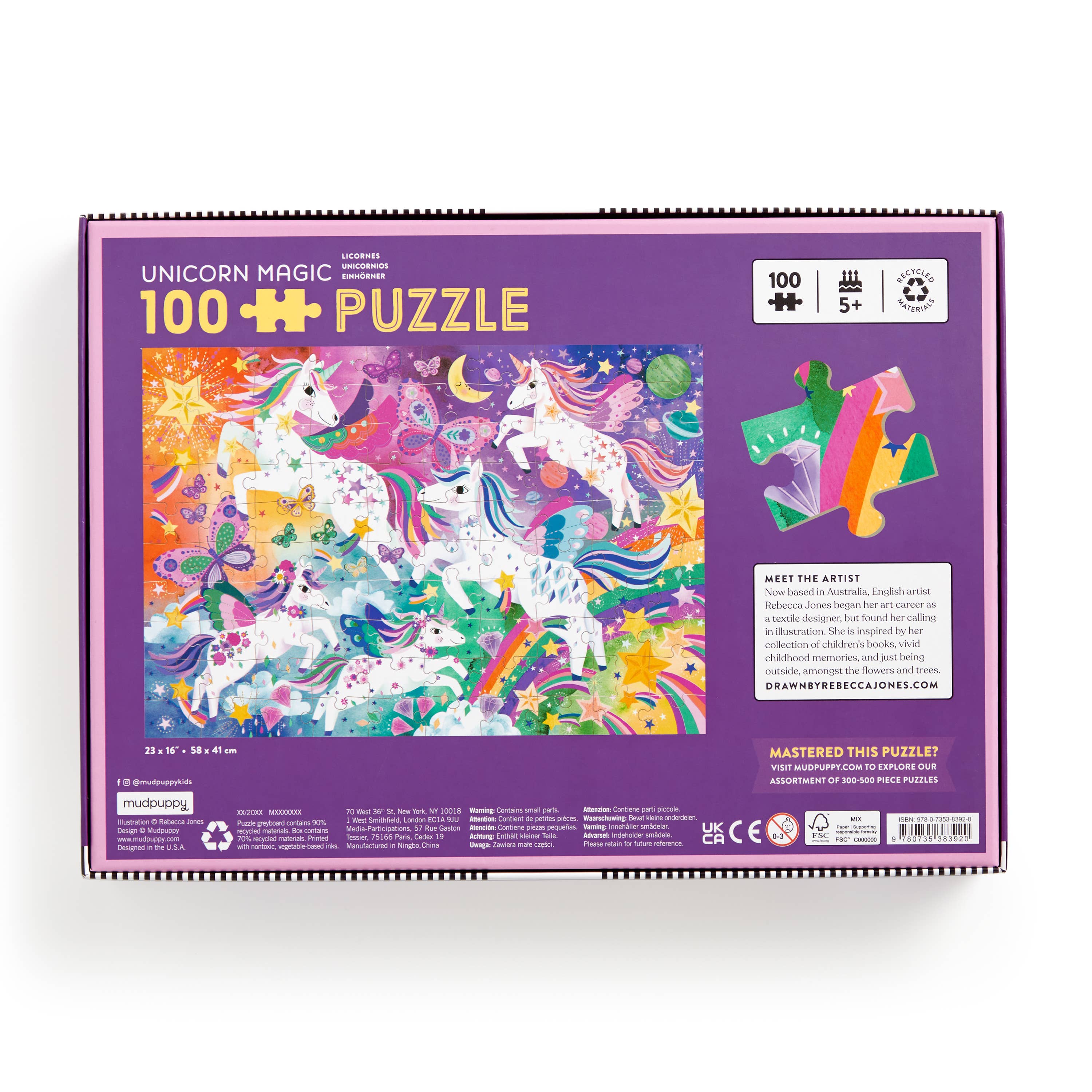 Unicorn Magic 100 Piece Puzzle in a purple box featuring unicorn, stars, and rainbows.