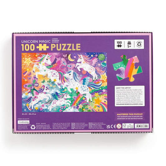 Unicorn Magic 100 Piece Puzzle in a purple box featuring unicorn, stars, and rainbows.