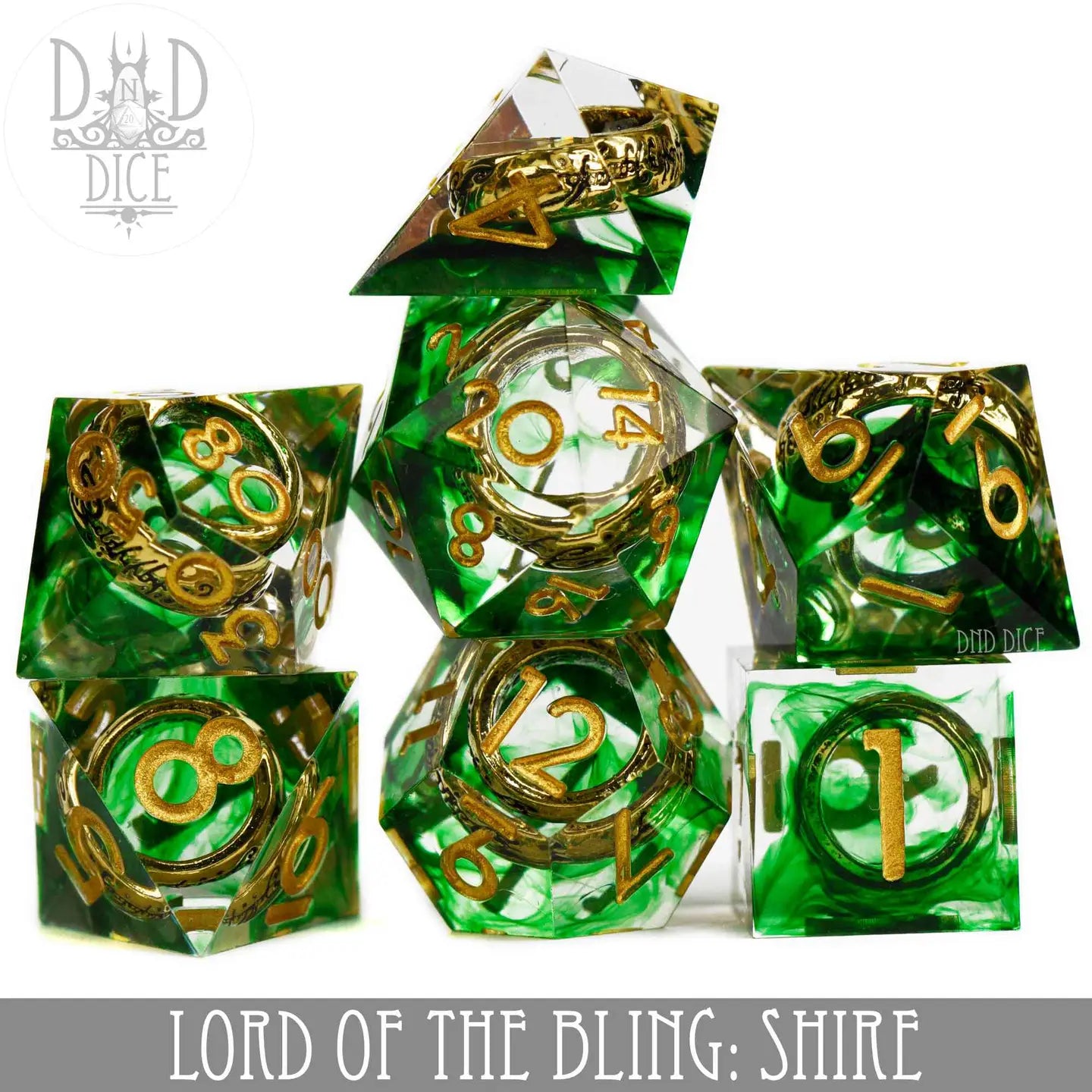 Handmade green and gold resin dice featuring gold ring inclusions, variant: Lord of the Bling: Shire.