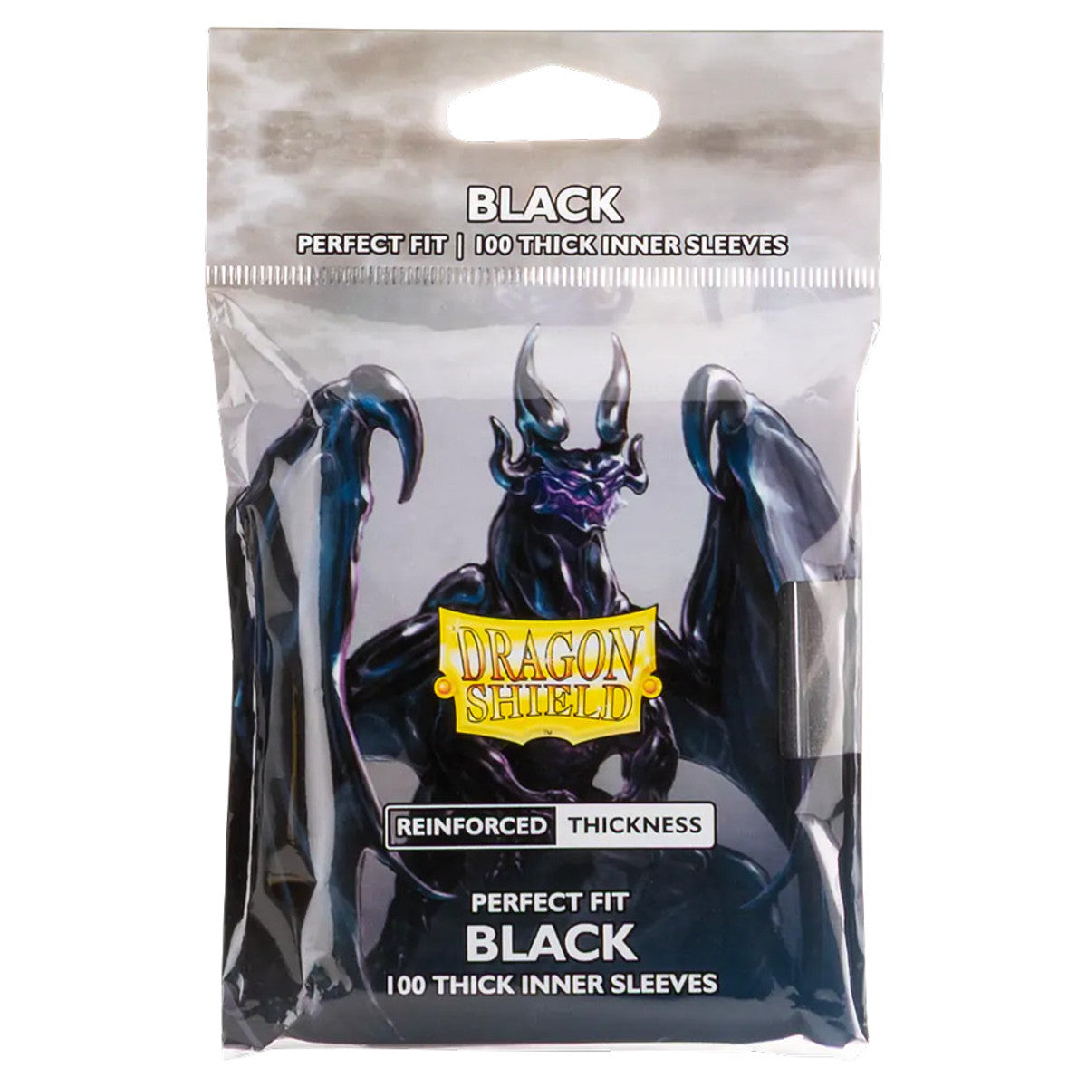 Sealed pack of Dragon Shield Perfect Fit Thick Black card sleeves, 100 count, for double-sleeving cards.