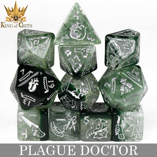 Plague Doctor 11 Dice Set, green and black with themed engravings, arranged in a pyramid, PLAGUE DOCTOR text below.
