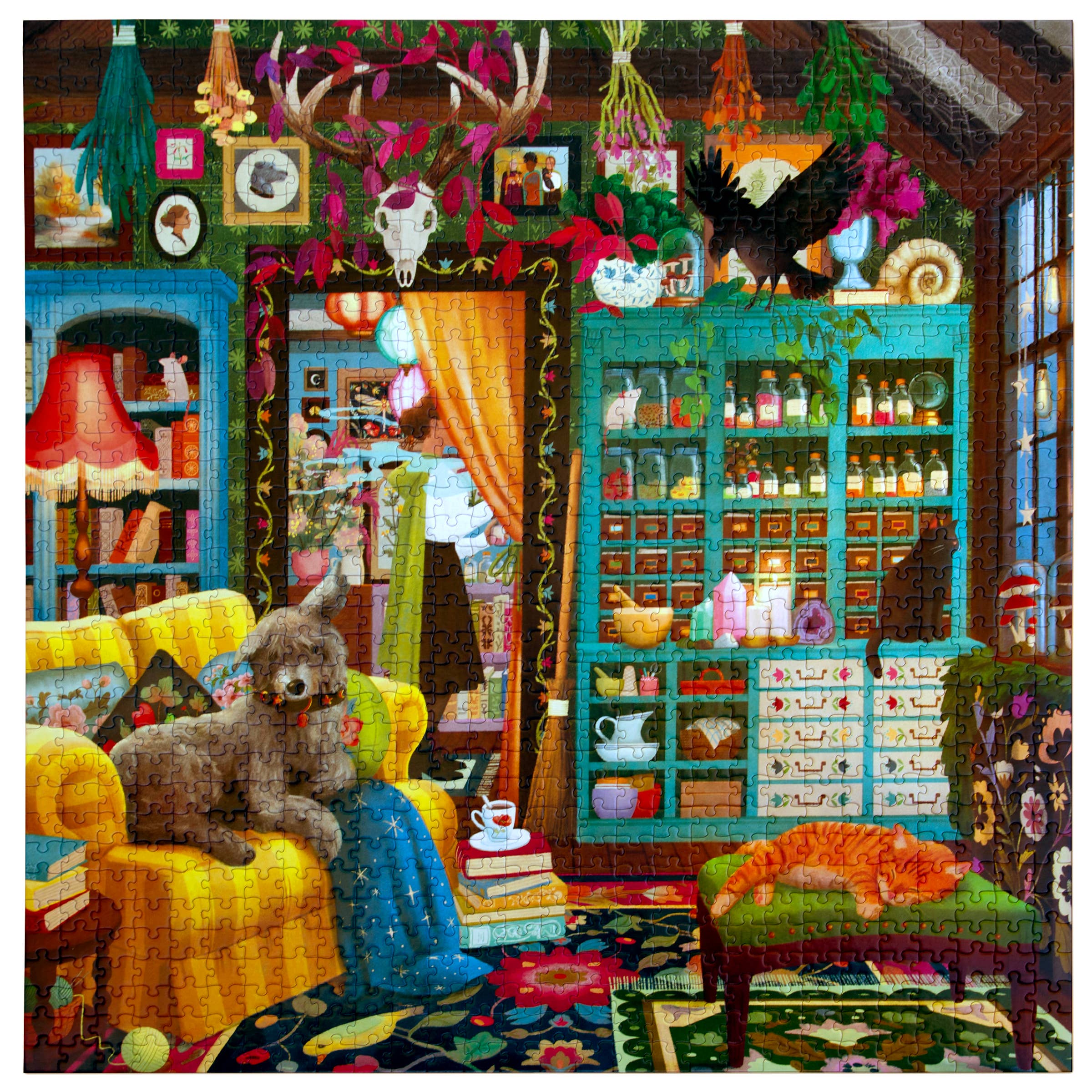 Sorcerers Den 1000 Piece Puzzle displayed in a room with a dog on a yellow couch and cat on an armchair.