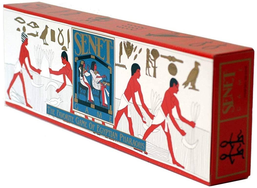 Wood Senet Game, ancient Egyptian board set featuring hieroglyphs and colorful figure illustrations.