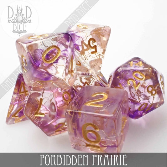 Forbidden Prairie dice set: clear purple and gold resin with gold numbers.