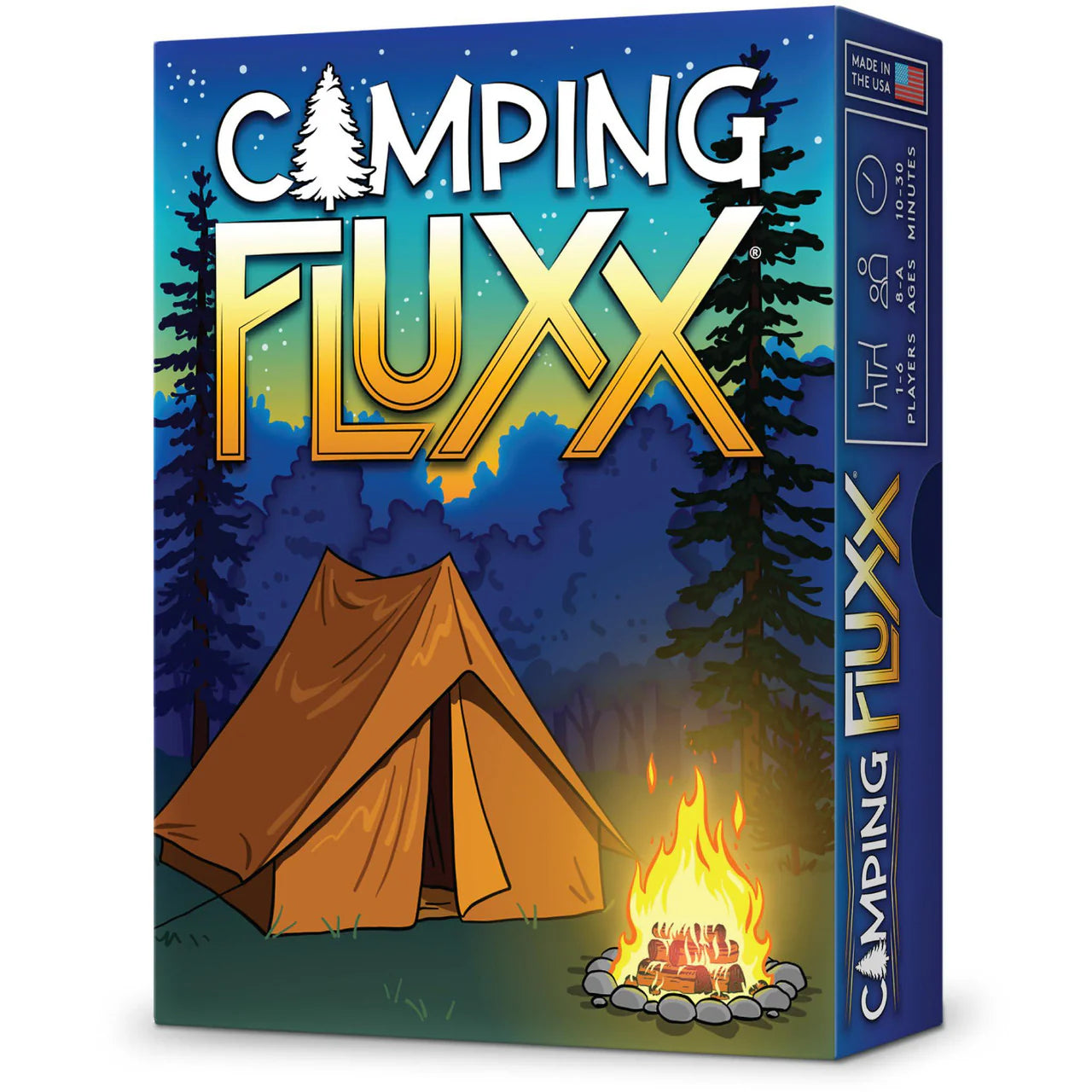 Camping Fluxx card game box with title text, campfire, tent, and trees under a starry night.