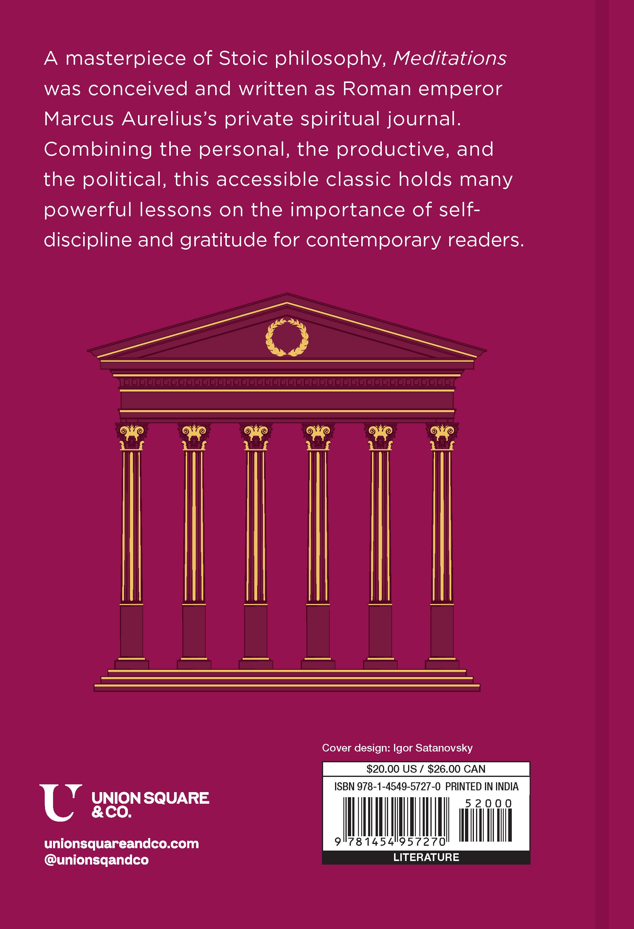 Back cover of Meditations by Marcus Aurelius with gold columns and text about Stoic philosophy and self-discipline.