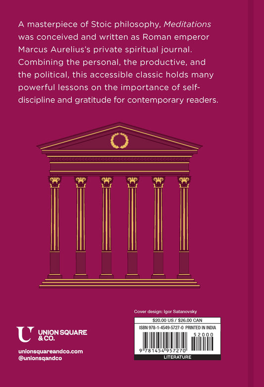 Back cover of Meditations by Marcus Aurelius with gold columns and text about Stoic philosophy and self-discipline.