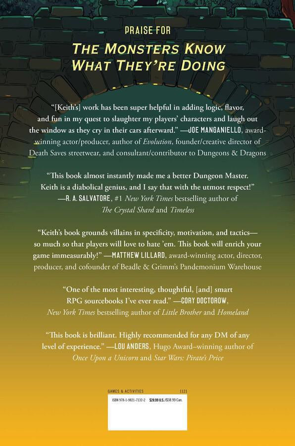 Back cover of MOAR Monsters Know What Theyre Doing with testimonials about the Dungeon Masters monster tactics guide.
