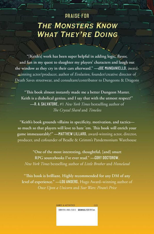 Back cover of MOAR Monsters Know What Theyre Doing with testimonials about the Dungeon Masters monster tactics guide.
