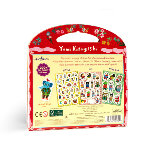 Back of Cats Apartment Stickers pack showing various sized cat and animal stickers with floral elements.