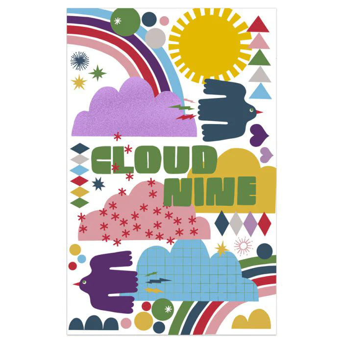 Cloud Nine: A Game of Wonderful Things with colorful retro art, rainbows, clouds, birds, and sun on the packaging.