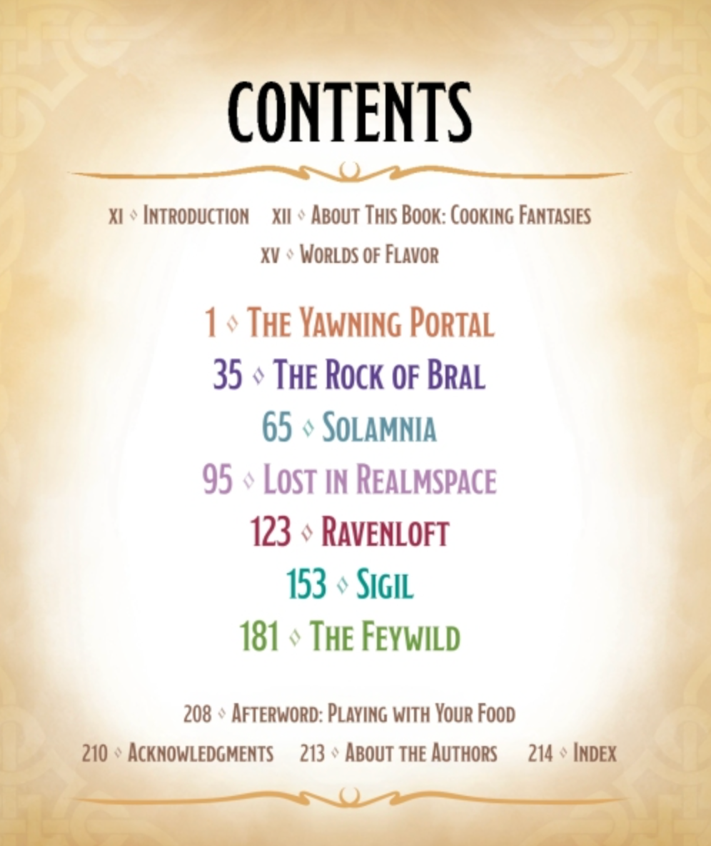 Heroes Feast FLAVORS OF THE MULTIVERSE table of contents on parchment with colorful chapter titles.