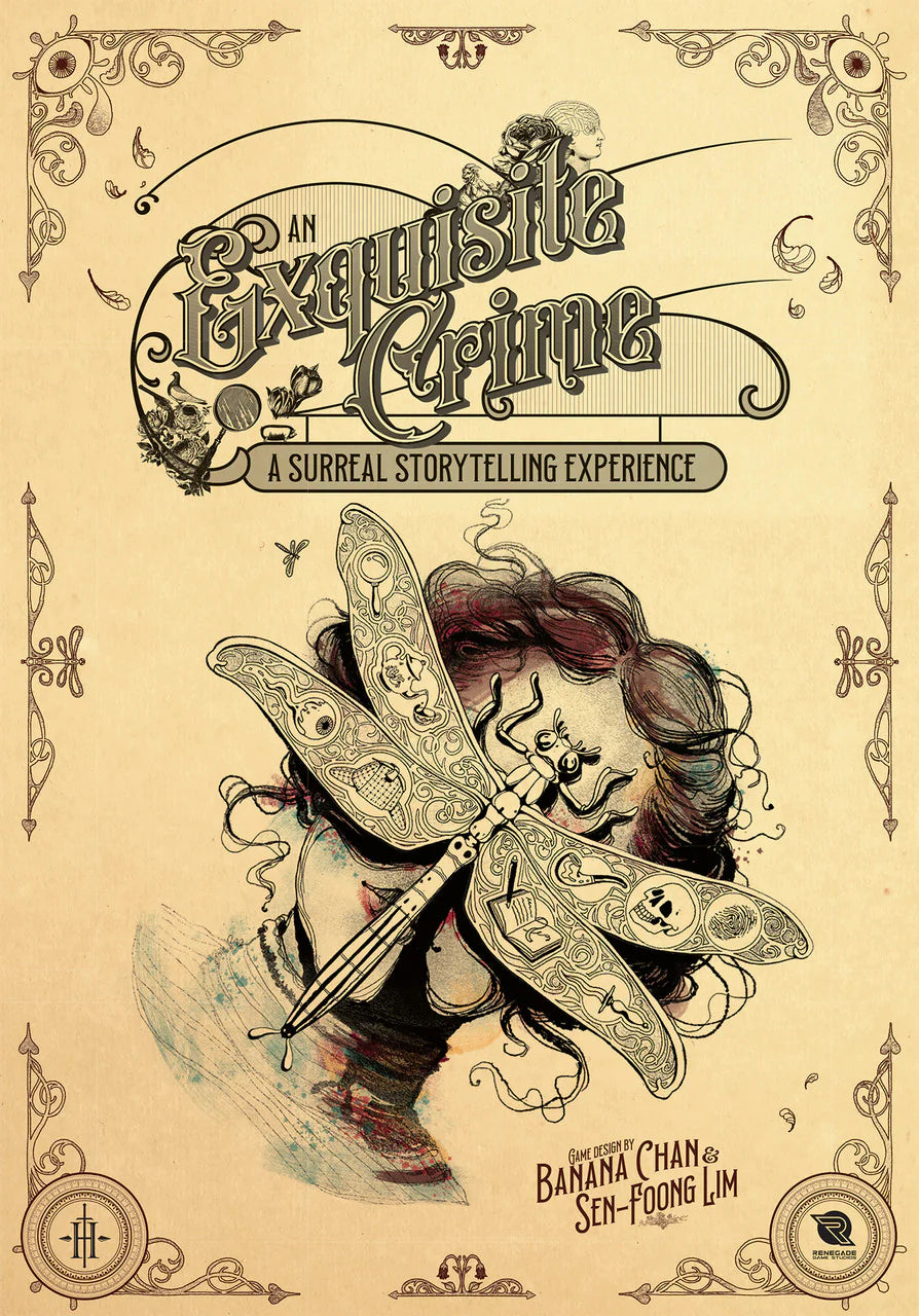 Poster for An Exquisite Crime surreal storytelling experience featuring a womans face and a dragonfly.