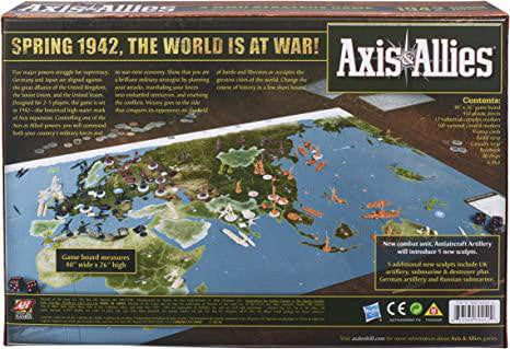 Back of Axis & Allies: 1942 Second Edition box displaying game board, world map, and military pieces.