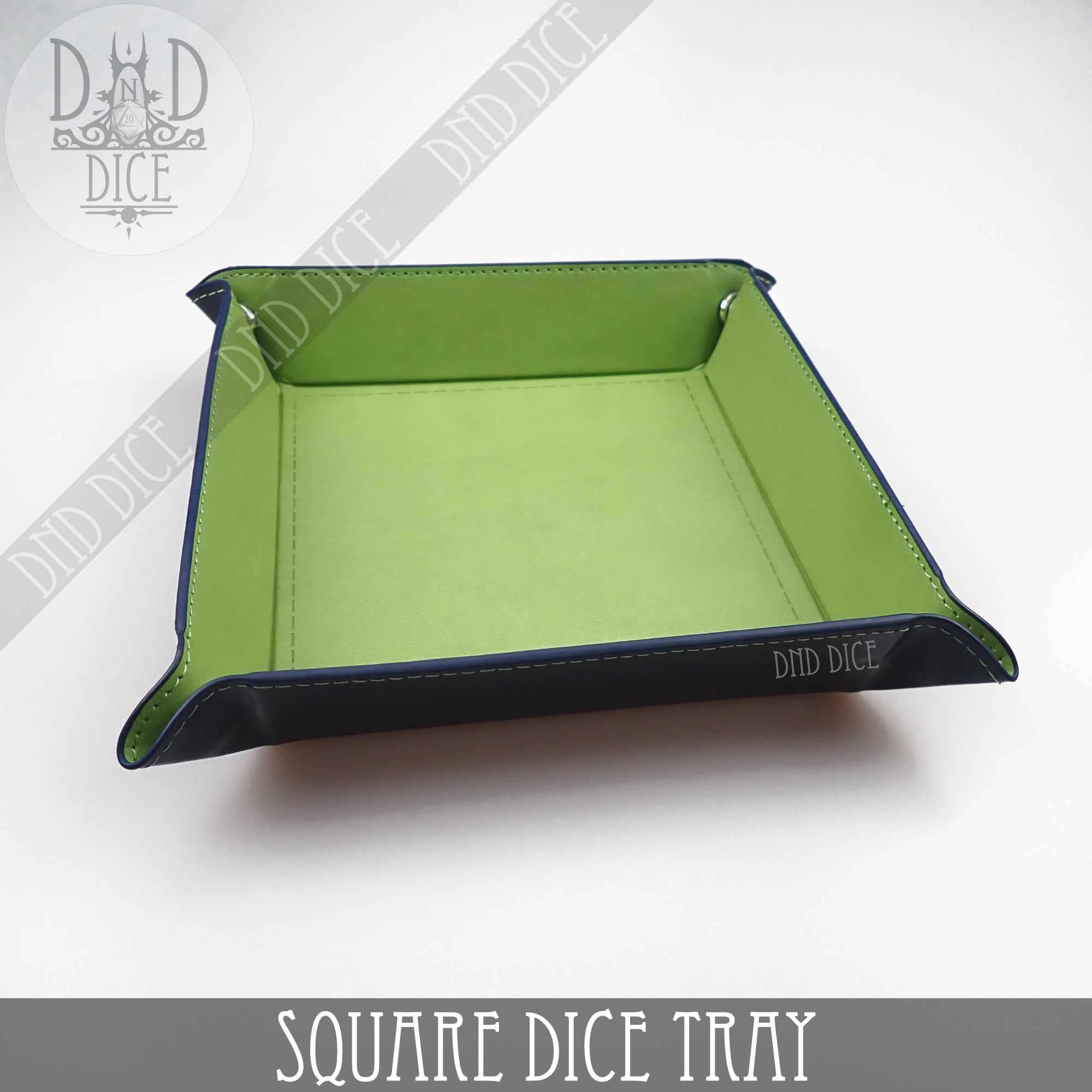 Green square dice tray with black edges, faux leather material, and 8.5-inch rolling area.