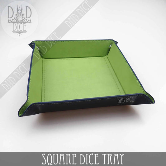 Green square dice tray with black edges, faux leather material, and 8.5-inch rolling area.