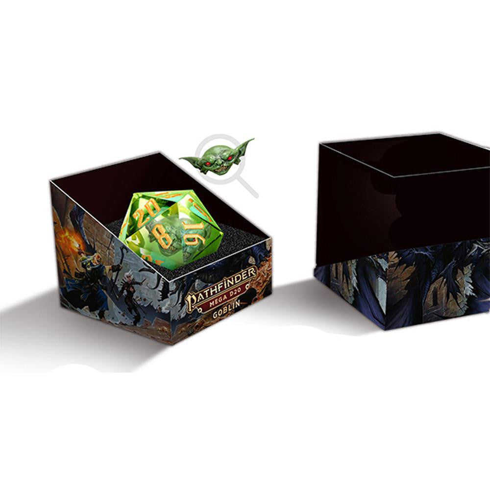 D20 Pathfinder Goblin Mammoth green dice box with goblin figure.
