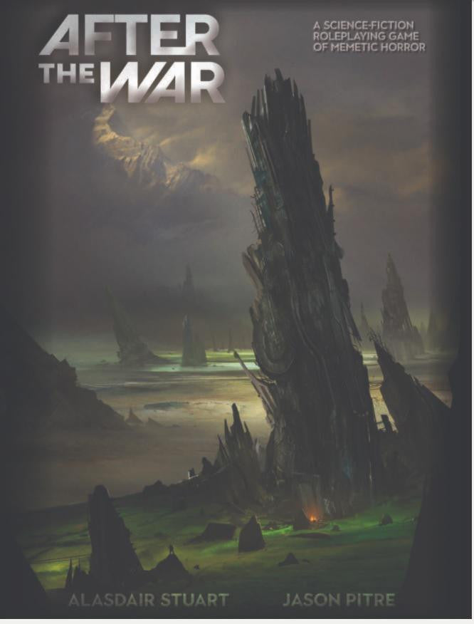 After the War product featuring a jagged tower over a misty alien landscape with swirling necromancy in the sky.
