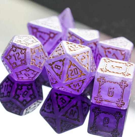Huge Purple Castle Dice Set 25mm with extra large purple dice, gold numbers, and glossy black surfaces.