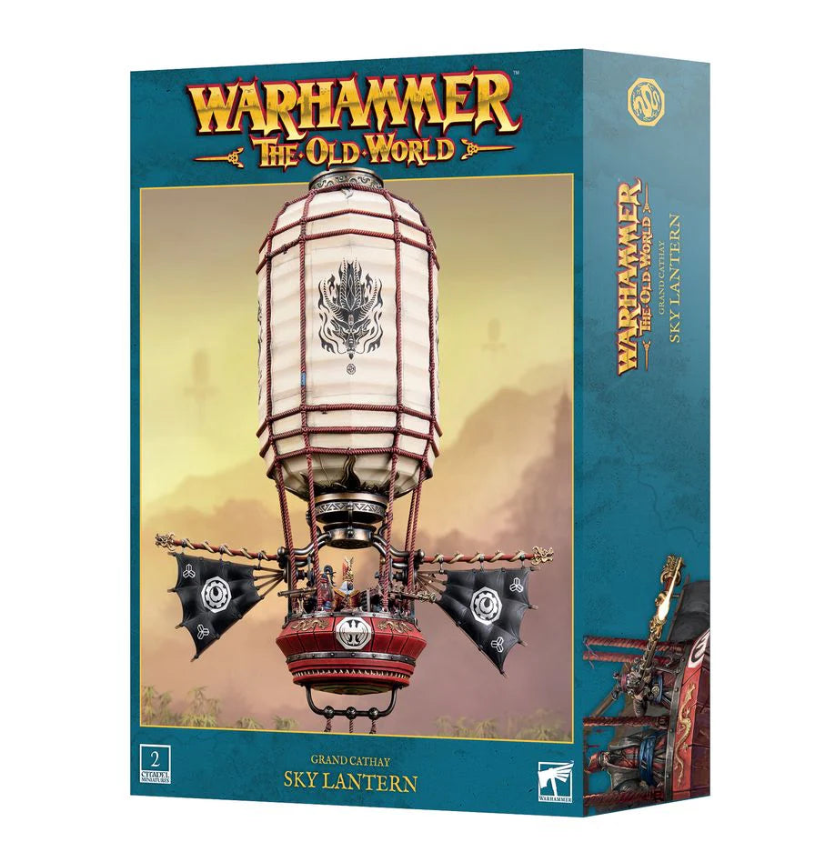Warhammer: The Old World – Grand Cathay Sky Lantern model kit box featuring fantasy airship artwork.