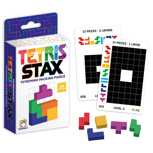 Tetris Stax 3D puzzle with colorful pieces and challenge cards.