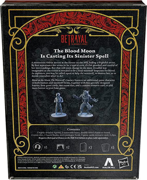 Back of Betrayal at House on the Hill 3E The Werewolfs Journey expansion box with product details and included miniatures.