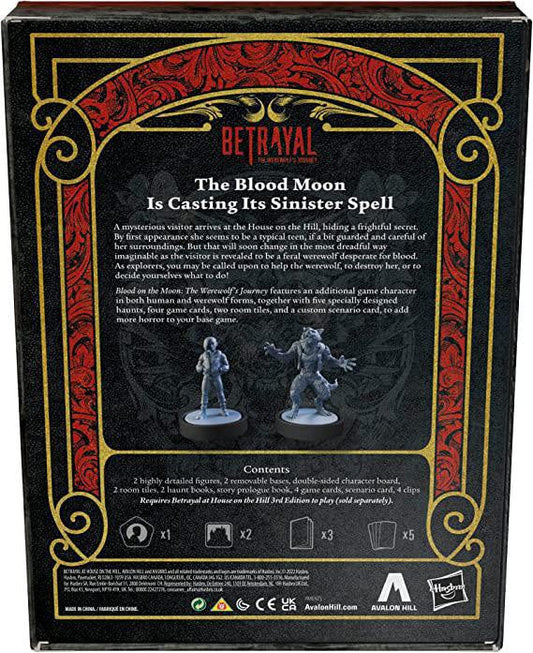 Back of Betrayal at House on the Hill 3E The Werewolfs Journey expansion box with product details and included miniatures.