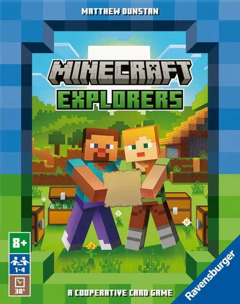 Minecraft Explorers Card Game box featuring Steve and Alex holding a map.