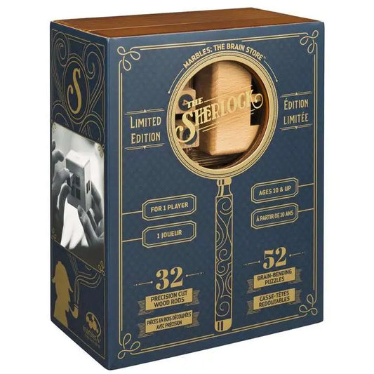 Sherlock Wooden Puzzle Game with gold accents, magnifying glass motif, and included puzzle details shown.
