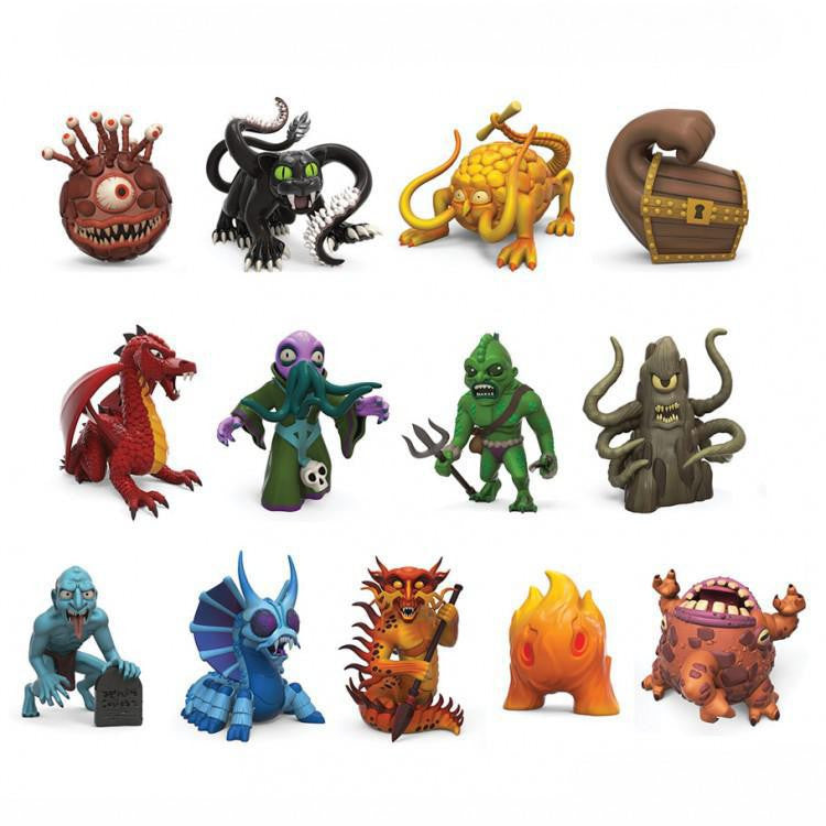 Thirteen D&D 3 Vinyl Mini MS1 figures, including dragons and a treasure chest, on a white background.