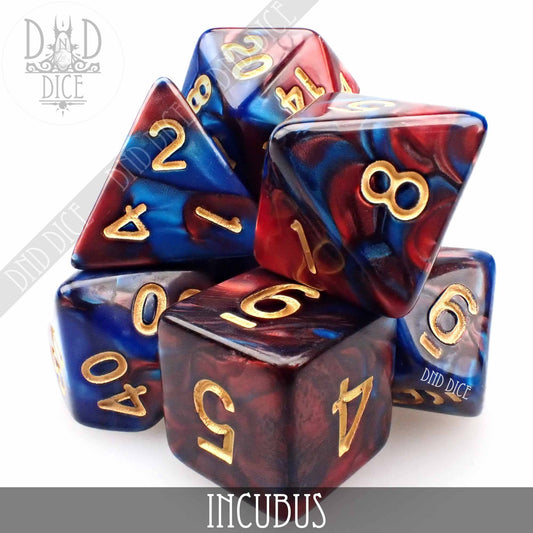 Incubus 7-dice set, red and blue marbled acrylic with gold numbers.
