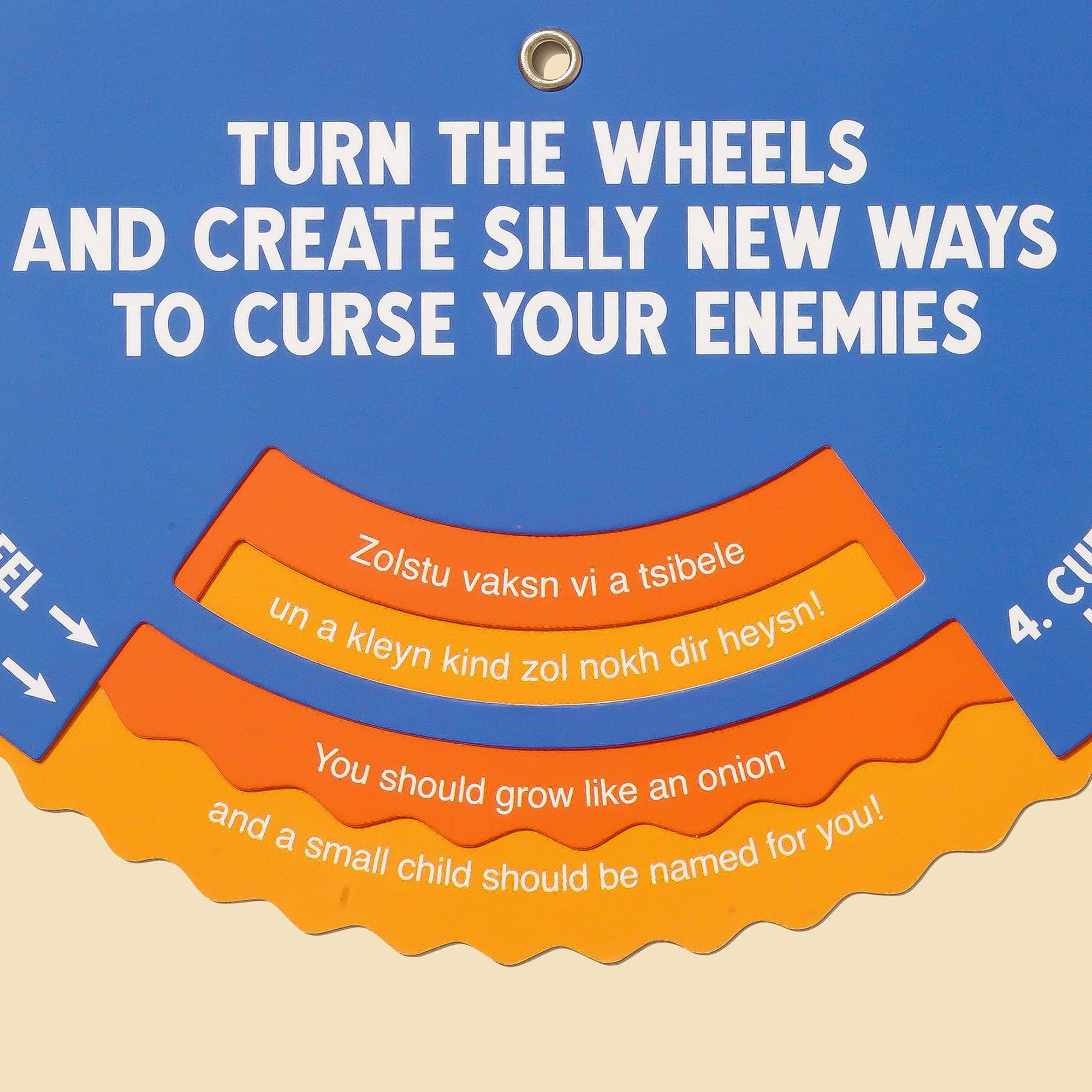 Yiddish Curse Generator game with rotating wheels to create different Yiddish curses.