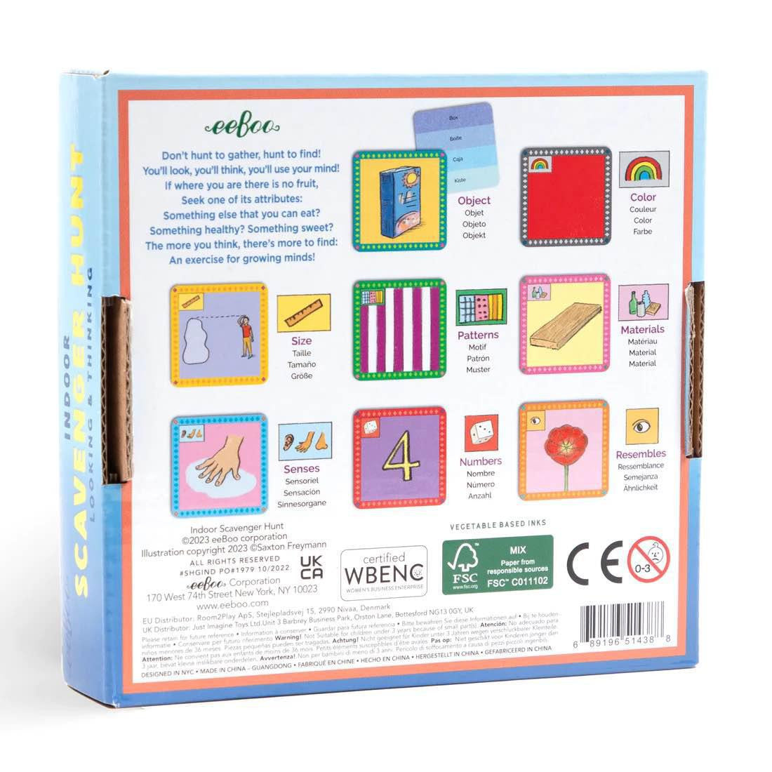 Back of Indoor Scavenger Hunt box showing cards for objects, colors, patterns, numbers, and senses.