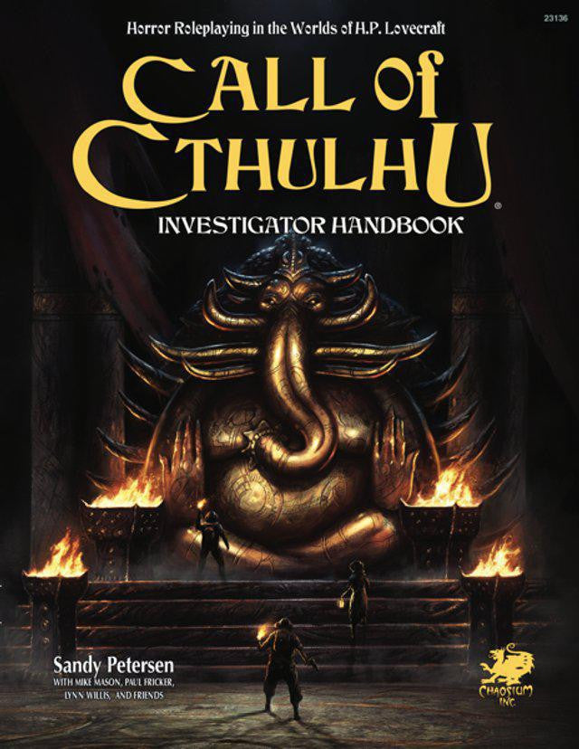 Call of Cthulhu Investigators Handbook cover featuring a golden Cthulhu statue amid ruins and flames.