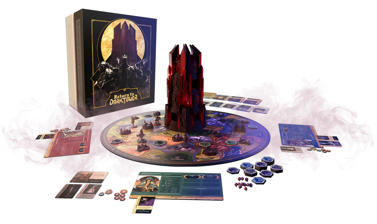 Return to Dark Tower cooperative board game with tower, game board, cards, and tokens.
