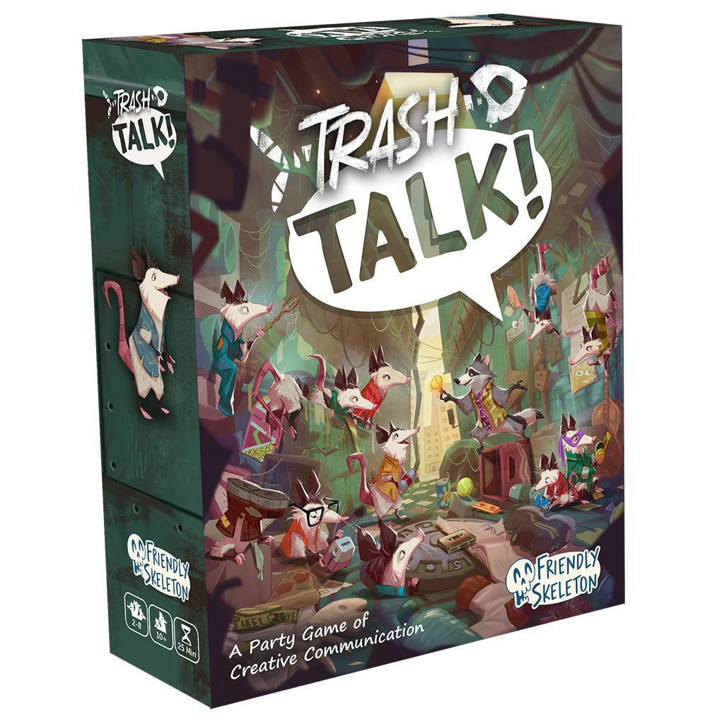 Trash Talk game box featuring cartoon opossums in a junkyard and the title in a speech bubble. Party word-matching game.