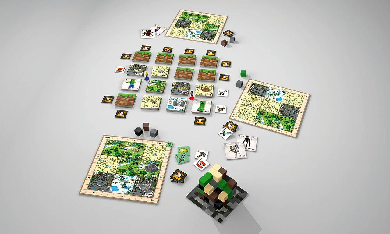 Minecraft Builders and Biomes Board Game with player boards, cards, cubes, and central pixelated structure.