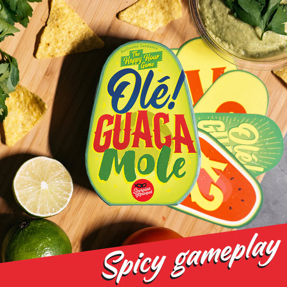 Olé Guacamole party card game tin with cards, chips, and lime on table; visible text: Spicy gameplay.