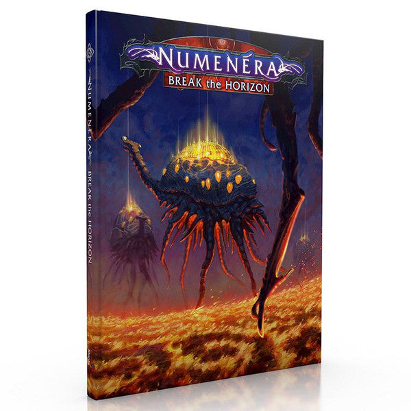Numenera: Break the Horizon book cover showing glowing alien spider-like creatures on a fiery landscape.