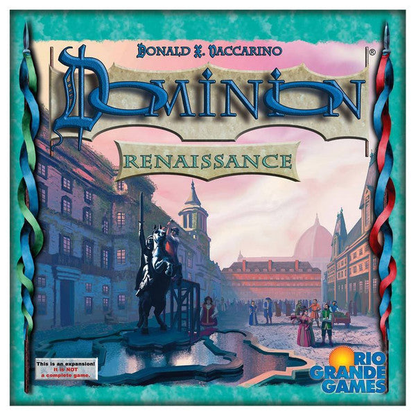 Dominion: Renaissance board game box featuring a Renaissance city, statue, and people in period clothing.