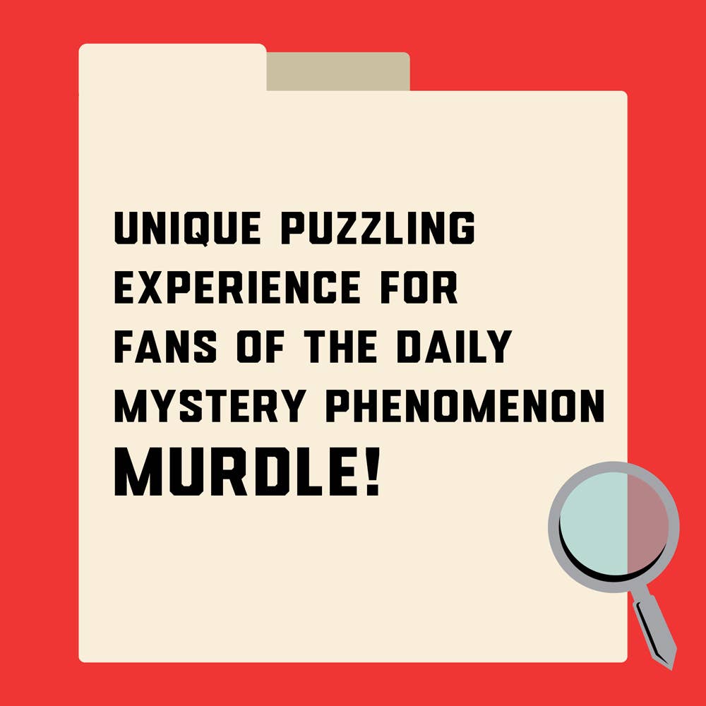 Murdle in the Mystery Mansion 500-piece jigsaw puzzle info folder with magnifying glass icon.