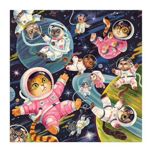 A Space Meowdyssey 500 Piece Puzzle featuring cats in spacesuits among stars and planets.