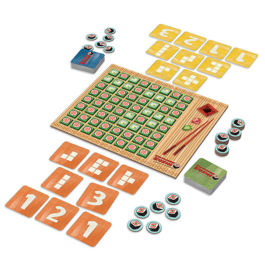 Switchin Sushi family board game with grid, tiles, cards numbered 1-3, tokens, and two-player strategy decks.