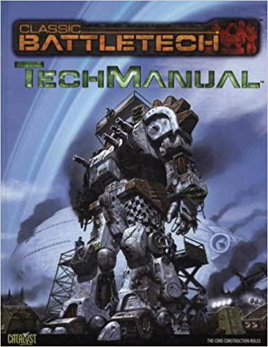 BattleTech: Techmanual cover featuring a giant mech amid smoke and ruins; construction rules referenced.