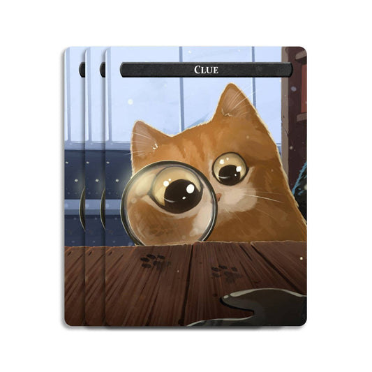 Thopter and Clue tokens on a wooden table, examined by an orange cat with a magnifying glass.