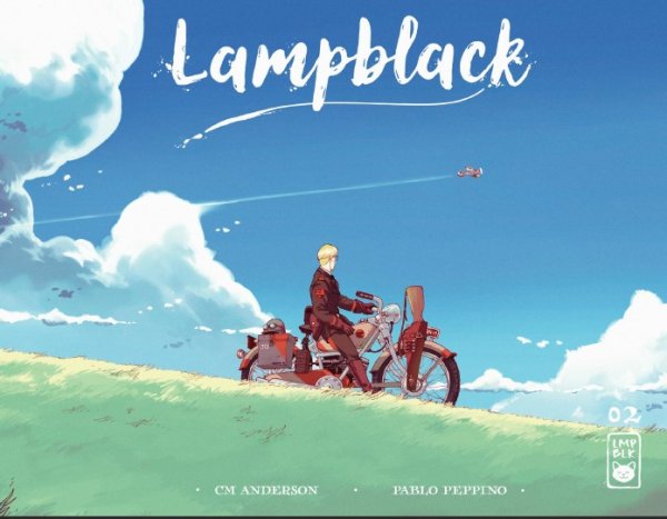 Lampblack Issue 2 featuring an ink girl on a red motorcycle under a magical sky.