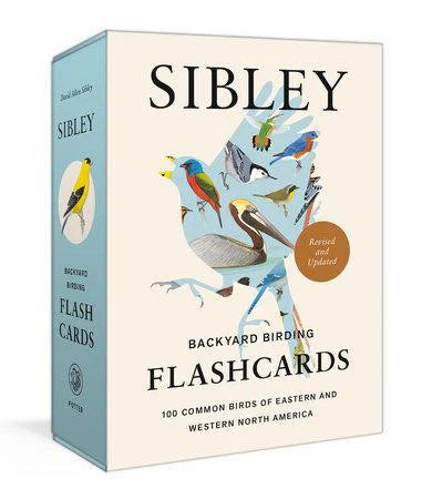 Sibley Backyard Birding Flashcards box featuring 100 bird species, Eastern & Western North America, revised edition.
