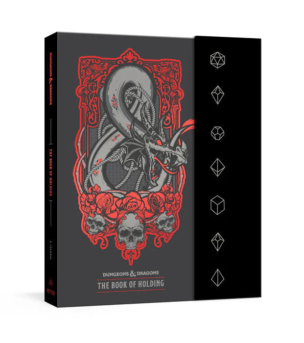The Book of Holding Dungeons & Dragons journal featuring a red dragon and dice symbols on the cover.