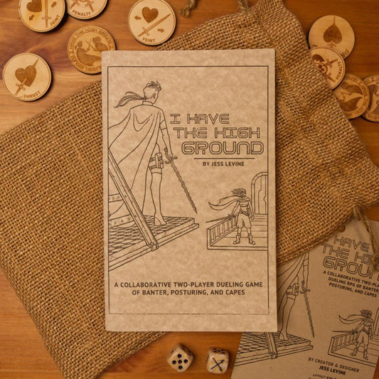 I Have the High Ground storytelling game with wooden tokens and dice.